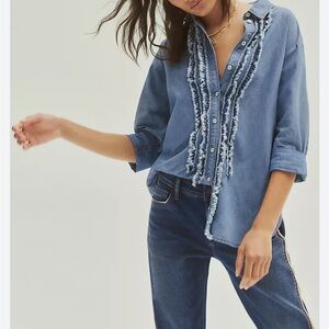 anthropologie Pilcro Oil Stylish Blue Denim Shirt with Frayed Details size M